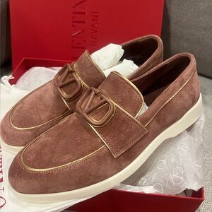 New Valentino Garavani Brown Suede V Logo Loafers